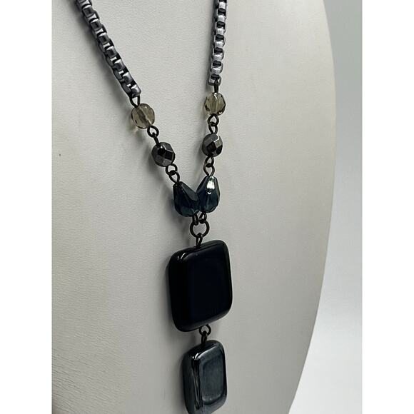 SABIKA Designer Two Tone Dark
Grey Metal Purple Black Bead Y Style Necklace - Picture 7 of 10
